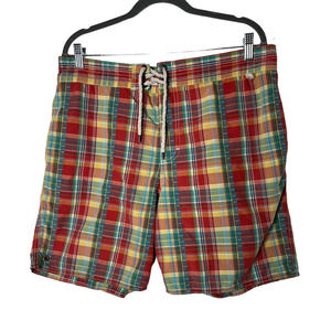 Polo Ralph Lauren Men's Swim Trunks in Orange Blue Multicolored Plaid Size Large